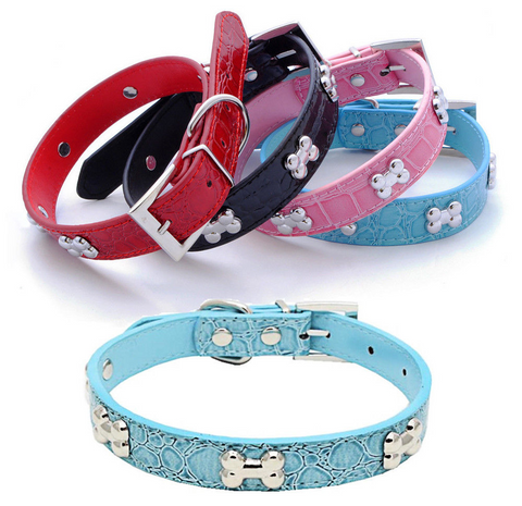 DOG BONES Studs Dog PU Faux Leather Collar Puppy Cat Small XS S M L Adjustable