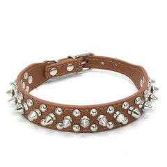 Small Dog Spiked Studded Rivets Dog Pet Leather Collar Can Go With Harness BROWN