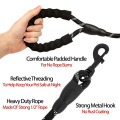 5FT Service Dog Rope Leash Lead Train Padded Handle Reflective Nylon M L Black