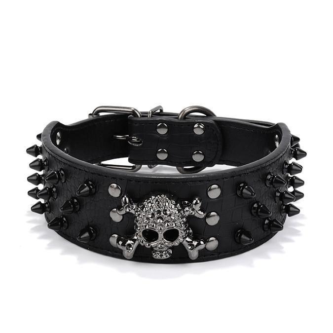 Large Spiked SKULL Stud Metal Dog PU Leather Collar Pit Bull Mastiff Rivet BLACK