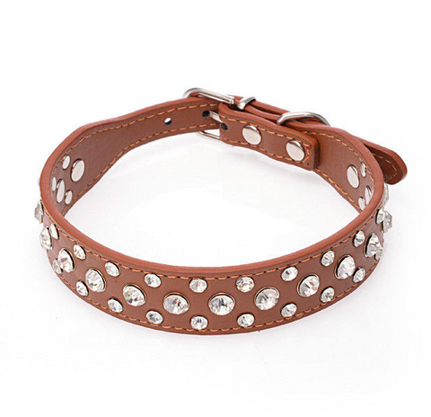 Pretty Diamond Crystal Rhinestone Leather Collar Dog Puppy Cat Kitten XS S-BROWN