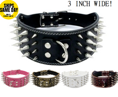 3" WIDE RAZOR SHARP Spiked Studded Leather Dog Collar 4-ROWS 19-22" 21-24"-BLACK