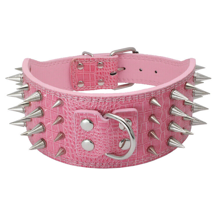 3" WIDE RAZOR SHARP Spiked Studded Leather Dog Collar 4-ROWS 19-22" 21-24"-PINK