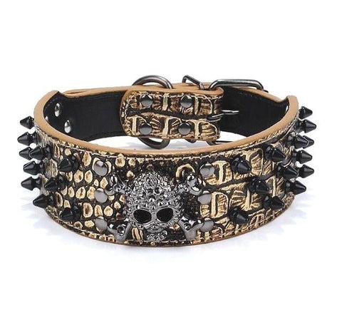 Large Spiked SKULL Stud Metal Dog PU Leather Collar Pit Bull Mastiff Rivet-GOLD