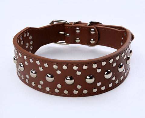 Studded Spiked Metal Dog Collar Faux Leather Large Pitbull Mastiff XL Dark Brown