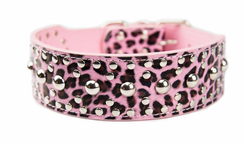 Studded Spike Metal Dog Collar Faux Leather Pitbull Mastiff Spike L PINK LEOPARD