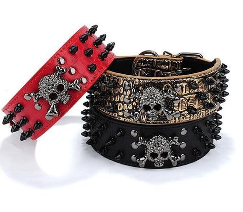 Large Spike SKULL Stud Metal Dog PU Leather Collar Pit Bull Mastiff Rivet-ANIMAL