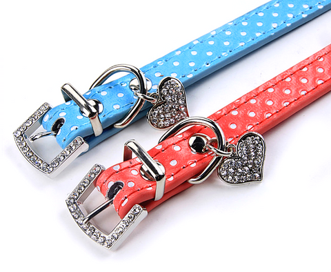 Pet Cat Adjustable PU Leather Polka Dot Rhinestone Buckle Neck Dotted Collar