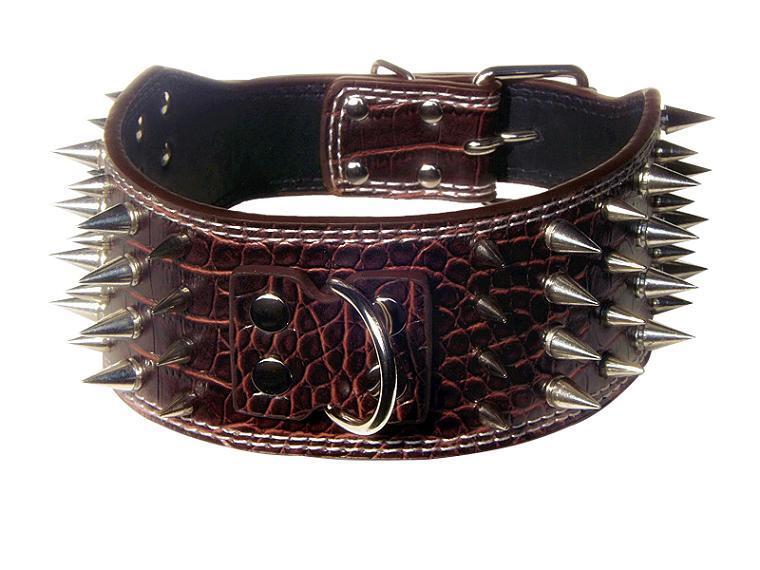3" WIDE RAZOR SHARP Spiked Studded Leather Dog Collar 4-ROWS 19-22" 21-24"-BROWN