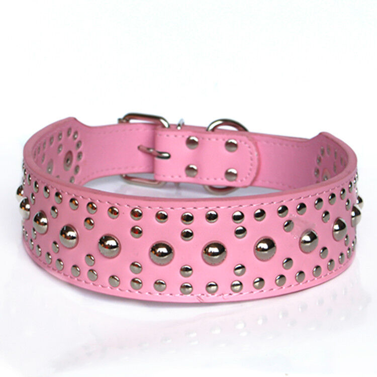 Studded Spiked Metal Dog Collar Faux Leather Large Pitbull Mastiff Spike XL PINK
