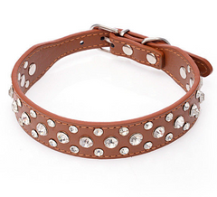 Pretty Diamond Crystal Rhinestone Leather Collar Dog Puppy Cat Kitten XS S-BROWN