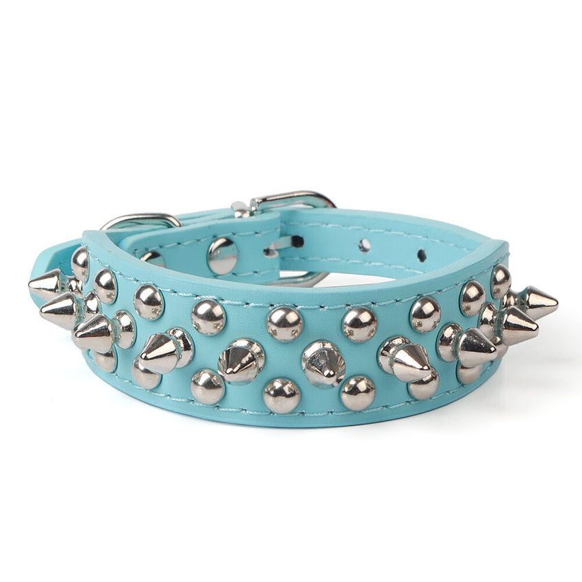 Small Dog Spiked Studded Rivets Pets Leather Collar Can Go With Harness S M-BLUE