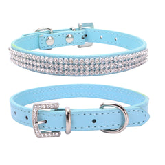 BLUE Rhinestone Diamond Dog Collar Leather Dog Puppy Cat Kitten XS S M L