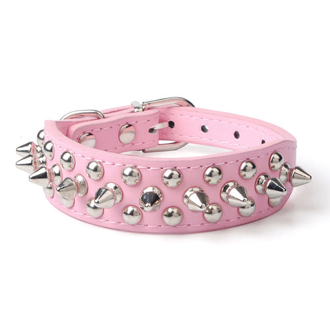 Small Dog Spiked Studded Rivets Dogs Pet Leather Collar Can Go With Harness-PINK