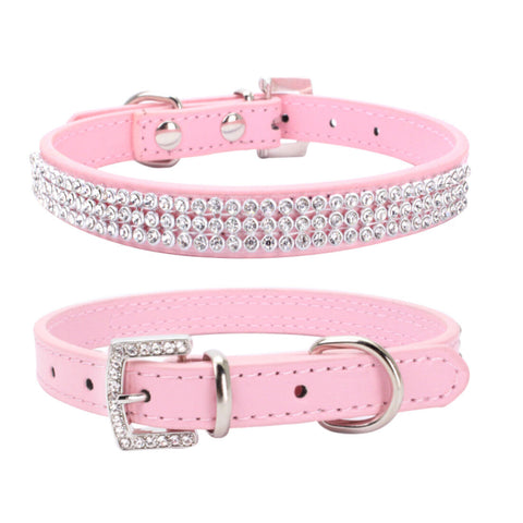 PINK Rhinestone Diamond Dog Collar Leather Dog Puppy Cat Kitten XS S M L