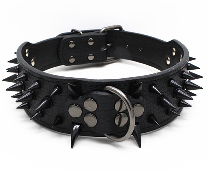 RAZOR SHARP Spiked Studded Rivet PU Leather Dog Pet Puppy Collar 2" Large BLACK