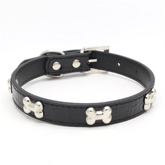 DOG BONES Studs Dog PU Faux Leather Collar Puppy Cat Small XS S M Adjustable