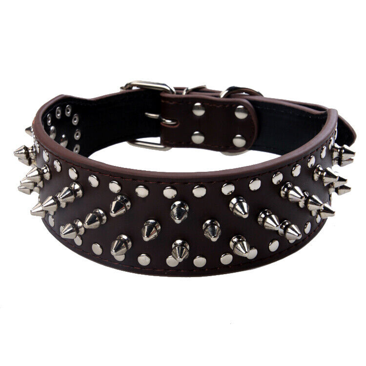 2" DARK BROWN Metal Spiked Studded Leather Dog Collar Pit Bull Rivets L XL